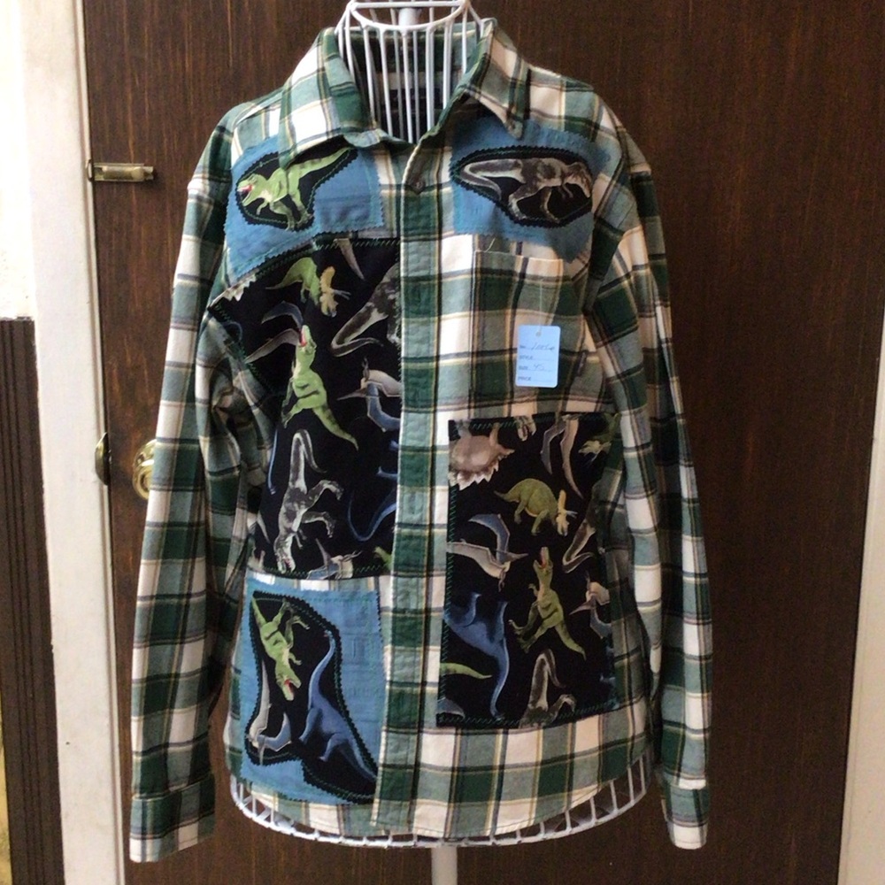 Eddie Bauer Green Plaid Button Down Shirt with Dinosaur Patches